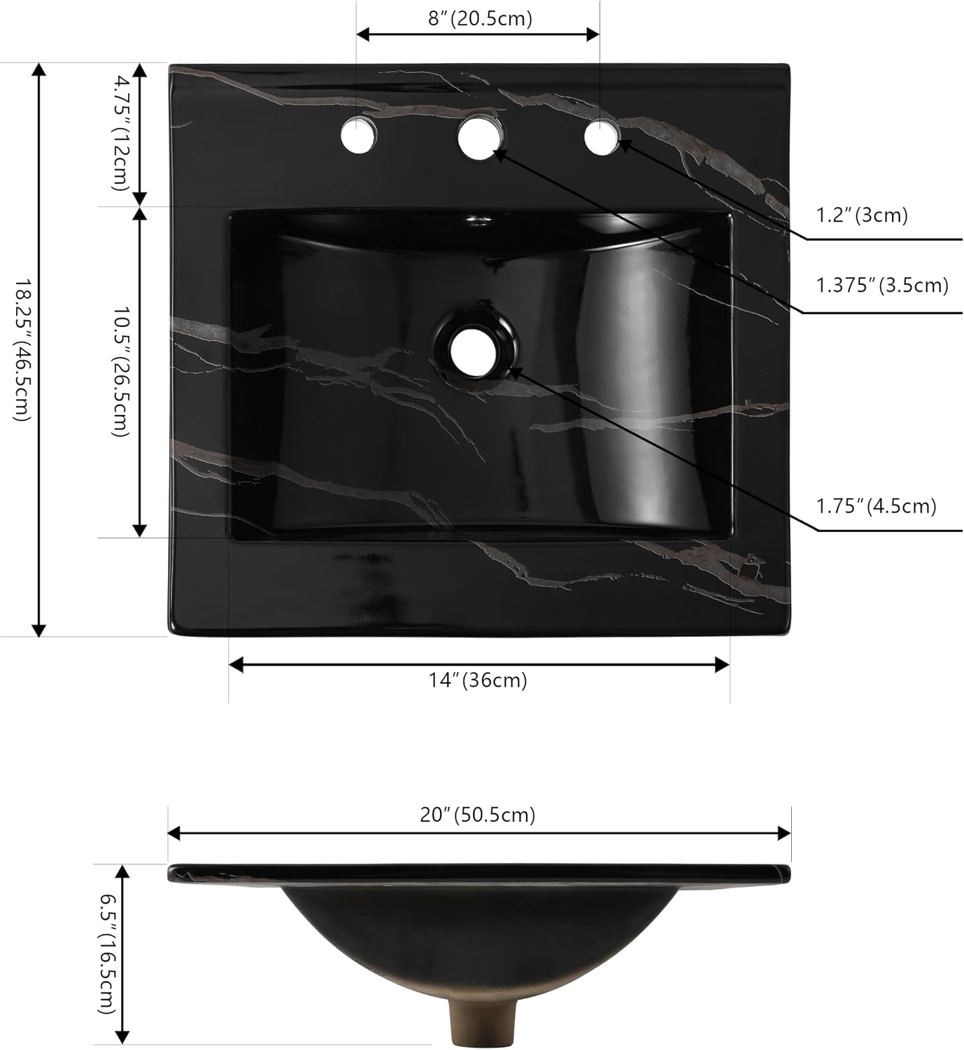 JONATHAN Y Ancillary 20 in. W x 18.25 in. D Ceramic Vanity Sink Top with 3-Hole Rectangular Single Sink Basin, Black Marble Effect SNK1000D