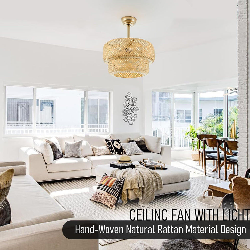 19.3' Bamboo Caged Ceiling Fan with Lights and Remote,4-Light Boho Rattan Ceiling Fan with Light Reversible Motor, Farmhouse Rattan Chandelier Fan for Bedroom, Living Room