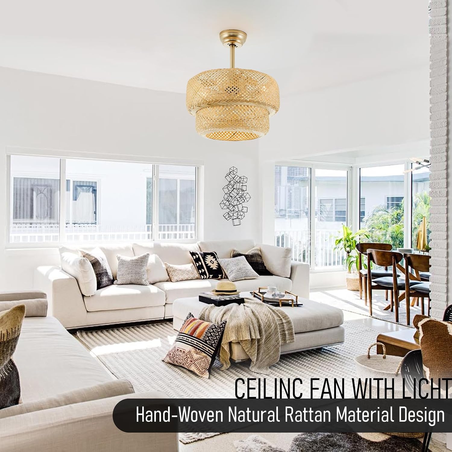 19.3' Bamboo Caged Ceiling Fan with Lights and Remote,4-Light Boho Rattan Ceiling Fan with Light Reversible Motor, Farmhouse Rattan Chandelier Fan for Bedroom, Living Room