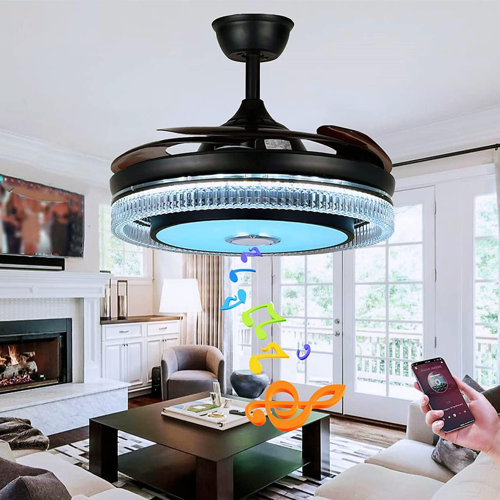 42in Fandelier Ceiling Fan with Lights and Bluetooth Speaker,Modern Crystal Chandelier LED Fan 6 Speeds Fans Music with Remote Control Modern Crystal Invisible Blades with Silent Motor