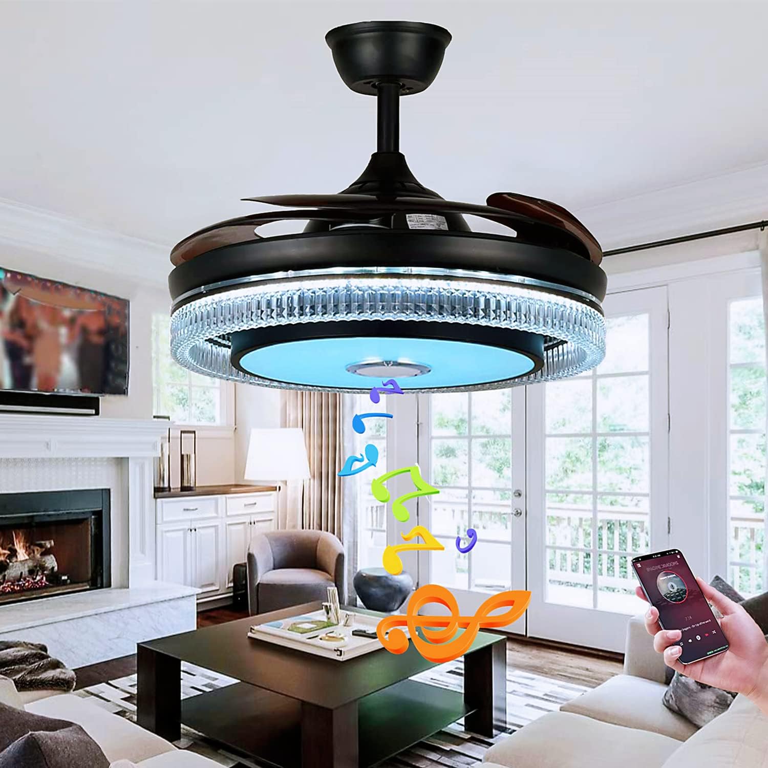 42in Fandelier Ceiling Fan with Lights and Bluetooth Speaker,Modern Crystal Chandelier LED Fan 6 Speeds Fans Music with Remote Control Modern Crystal Invisible Blades with Silent Motor