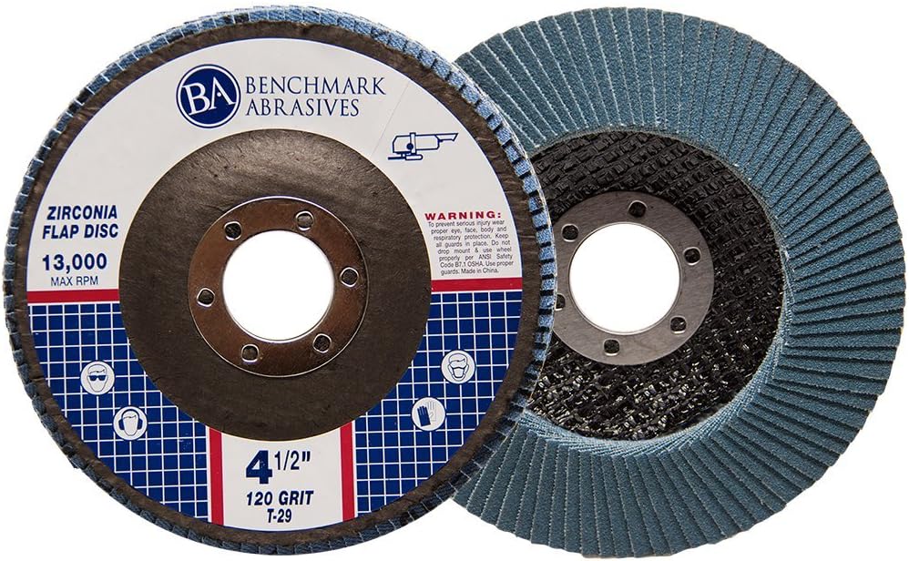 Benchmark Abrasives 4.5' x 7/8' Premium Zirconia T29 Angled Flap Discs 4 1/2 for Angle Grinder, Sanding Discs, Finishing, Rust, Stock Removal- Grinding Wheels 4 1/2 Inch (100 Pack) - 120 Grit