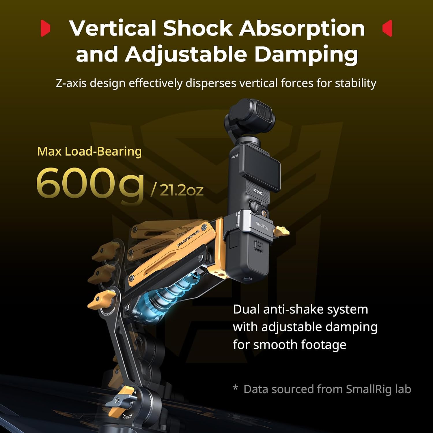 SMALLRIG Mini Shock Absorber Arm, 4' Vacuum Suction Cup, Double Spring and Hydraulic Damping, Car Mount for DJI Action 6/5 Pro/Pocket 3, for GoPro Hero 13/12, for Insta360 X5/4(Bumblebee Edition)-5528