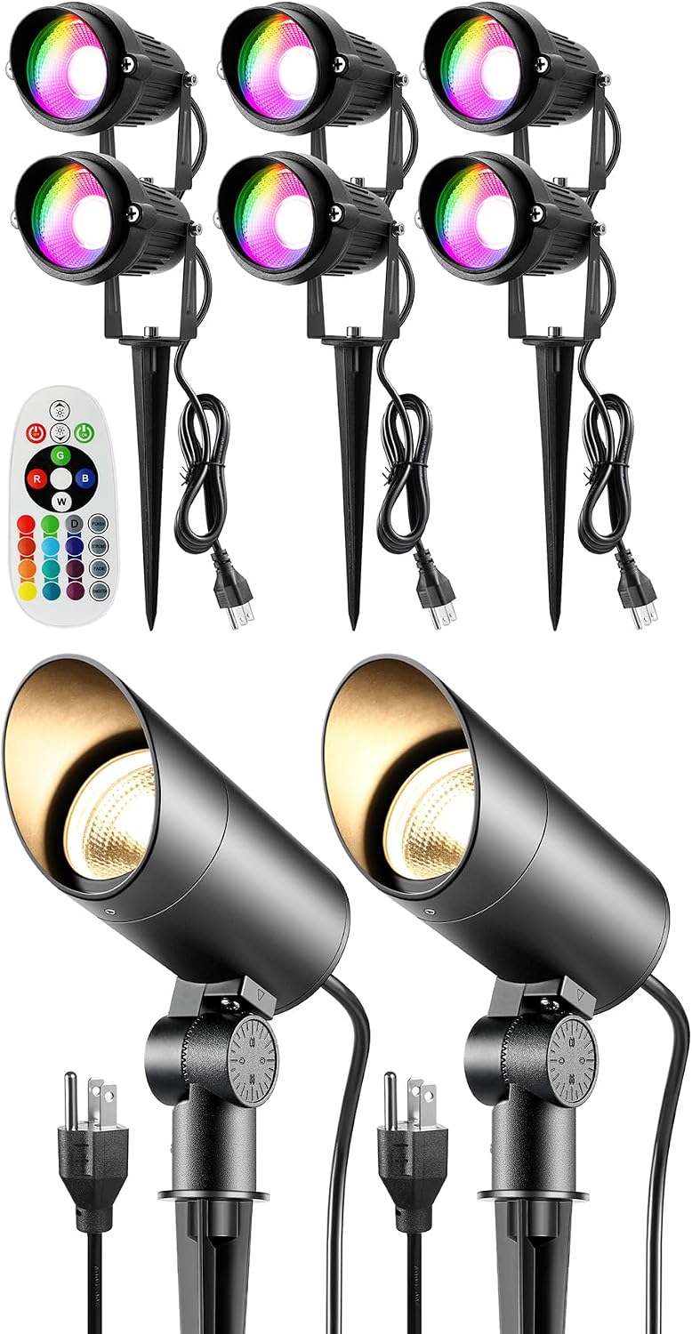 Landscape Lights 10W Christmas Spot Lights Outdoor RGBW Color Changing RGB and Warm White AC 110V-240V LED Landscape Lighting Remote Control Spotlight for Outdoor Yard Garden Lawn (6Pack)