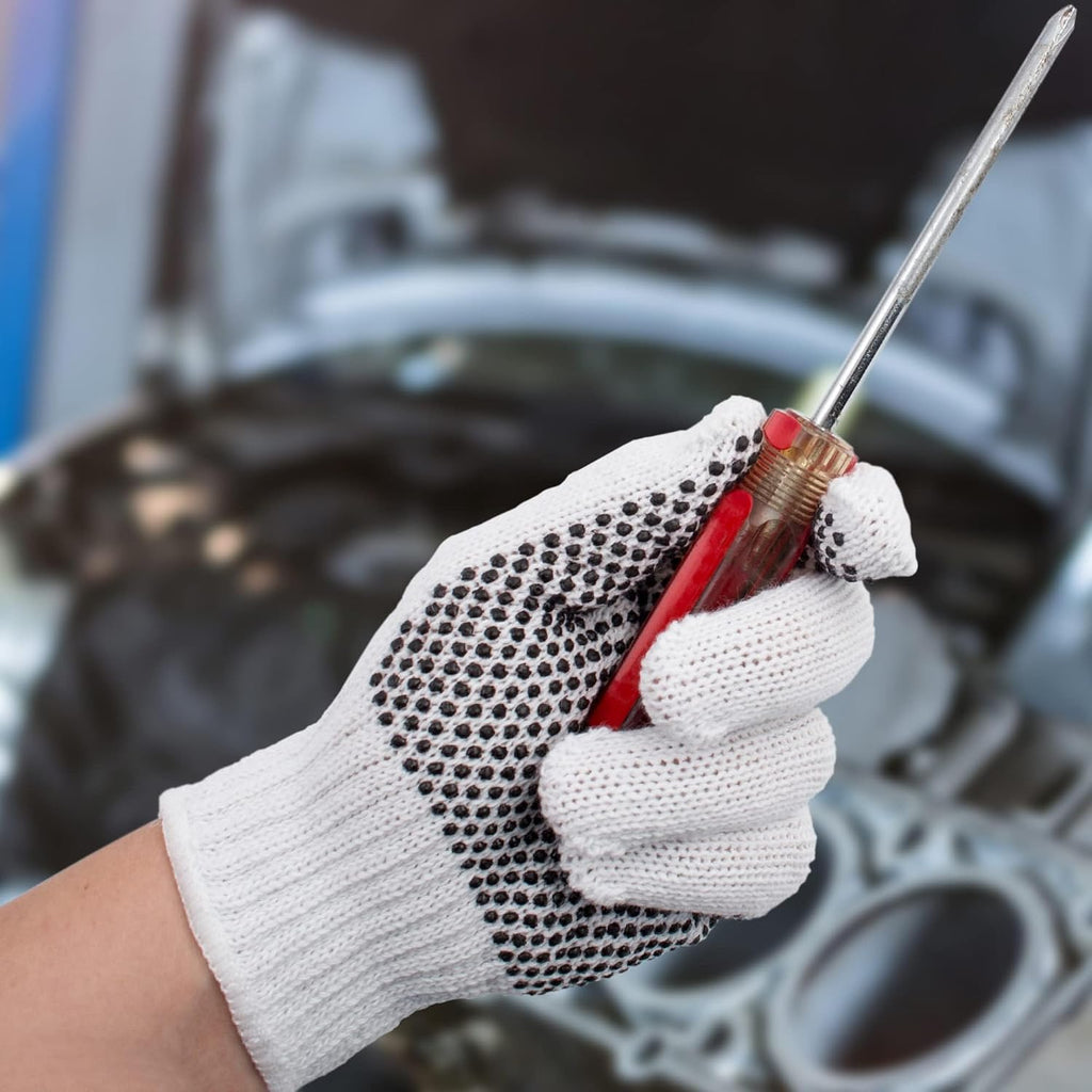 ABC PACK & SUPPLY Work Gloves Bulk, White Polyester Cotton Glove with Black PVC Palm Dots, String Knit Gloves