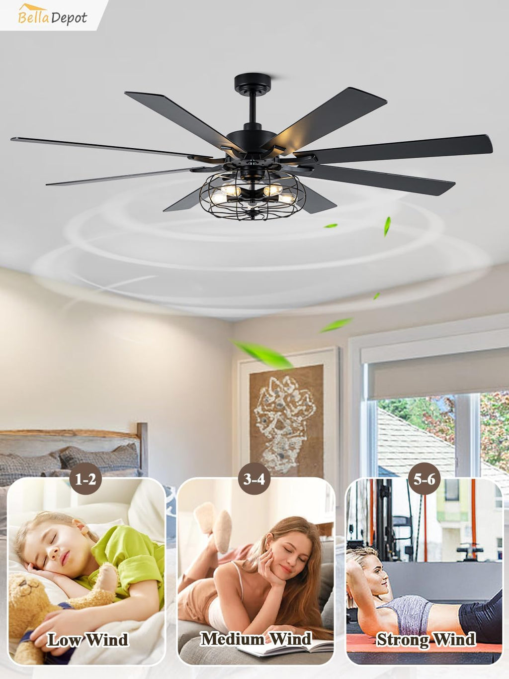 Bella Depot 72 Inch Large Farmhouse Ceiling Fan Industrial Big Chandelier Ceiling Fan with Light, 6-Speed, Reversible, Timing Option - Ideal for Bedroom, Living Room, Covered Patio