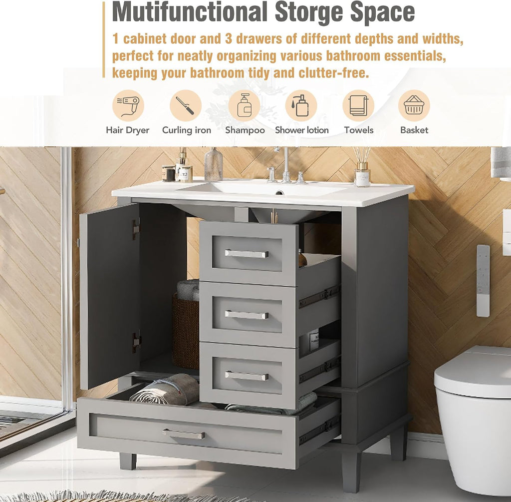 Mirightone 30' Bathroom Vanity with Sink, 30 Inch Bathroom Vanity with Top, 3 Drawers and 1 Soft Closing Door, Modern Bathroom Vanity with Sink 30 Inch for Bathroom (Grey)