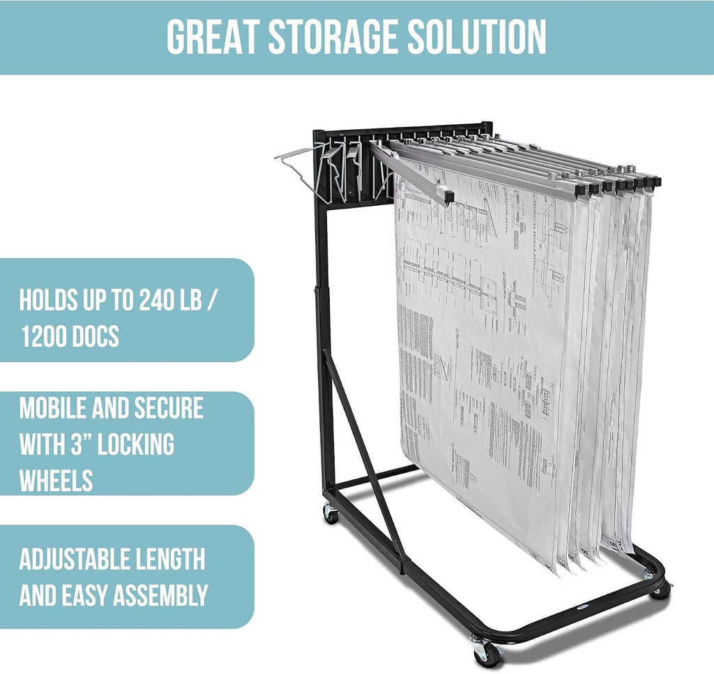 Adir Blueprint Rack and Clamps - 12 Pack of 36 Inch Blueprint Clamps and Mobile Blueprint Rack - Heavy-Duty Large Document Storage Solution for Blueprints, Posters, Maps, & Construction Plans