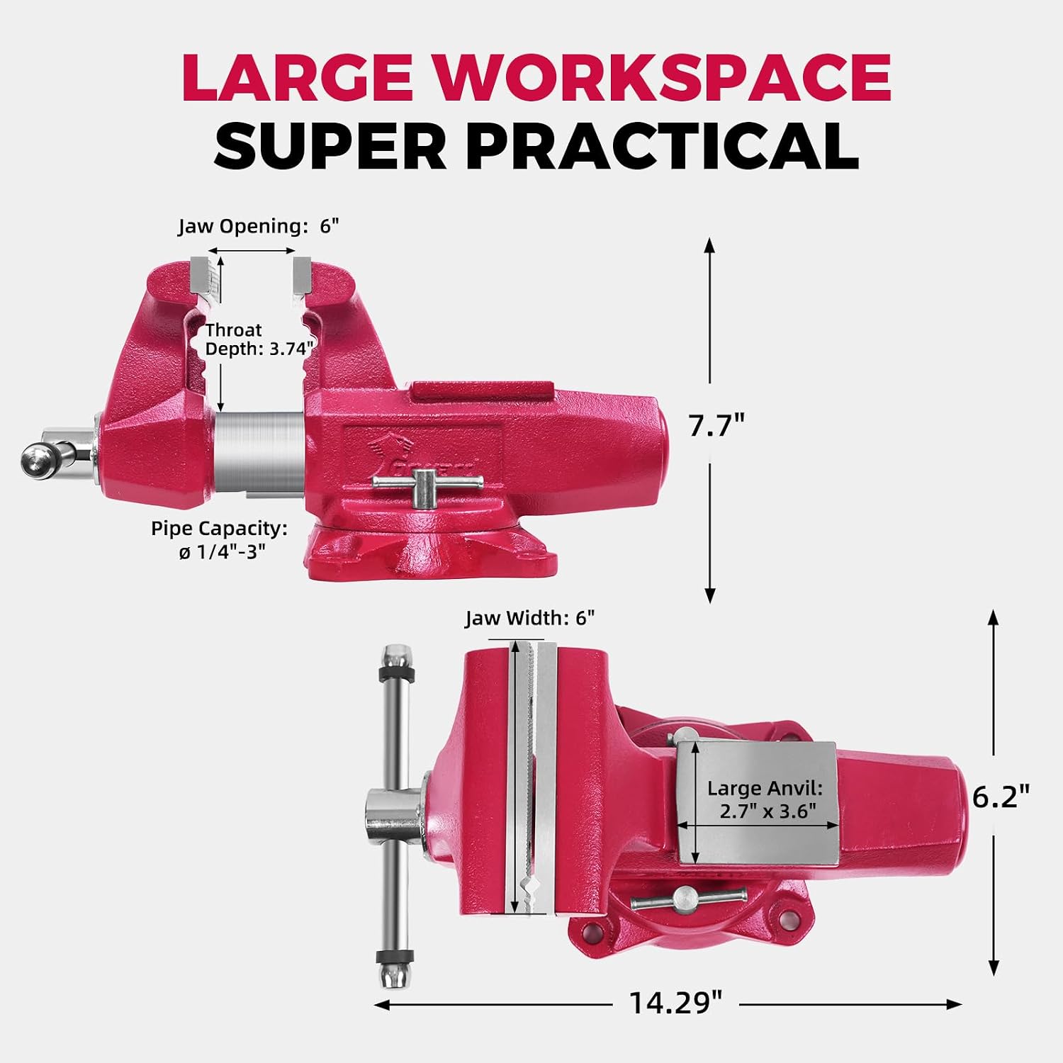 Forward Round Bench Vise 6 Inch, 1760B Economic Industrial Vice PRO with 360° Swivel Base, 6' Jaw Width, 6' Max Jaw Opening, 3-3/4' Throat Depth, 86,000PSI Ductile Iron