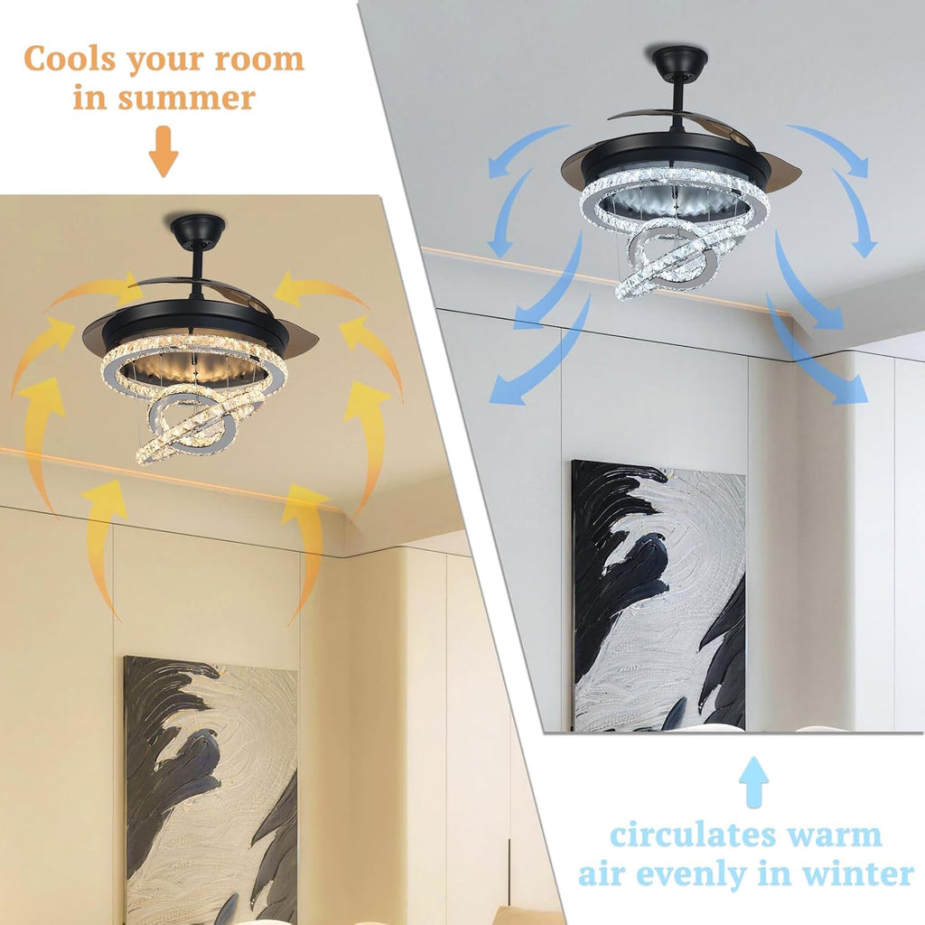 42' Black Crystal Ceiling Fan with Light, Dimmable LED Fandelier with Retractable Invisible Blades, Quiet Reversible DC Motor, 3 Color Lighting, Flush Mount for Bedroom, Living Room, Dining Room