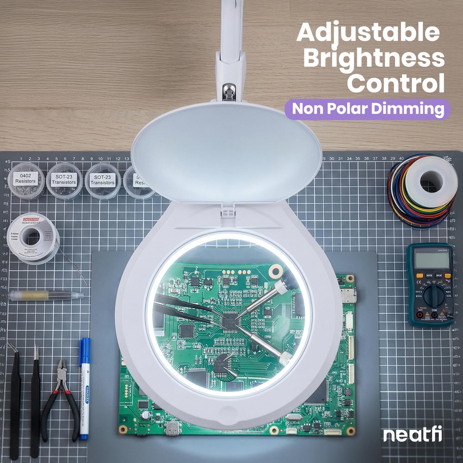 Neatfi Elite Super LED Magnifying Lamp with Clamp – 6' Glass Lens, 2.25X/4X Bifocal, 6500K Daylight | Glare-Free, Nonpolar Dimming | Reading, Crafting & Precision Work (6 Inch Lens, White)