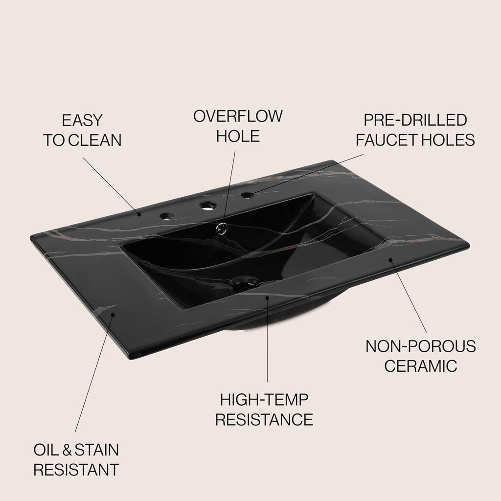 JONATHAN Y Ancillary 30 in. W x 18.25 in. D Ceramic Vanity Sink Top with 3-Hole Rectangular Single Sink Basin, Black Marble Effect SNK1002D
