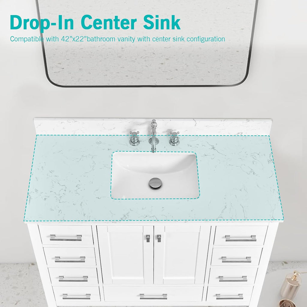 42'x22' Engineered Stone Bathroom Vanity Top with Rectangular Undermount Ceramic Middle Sink, 8 Inch Faucet Hole Spread with Backsplash Bathroom Vanity Sink Top (Cabinet Not Included)