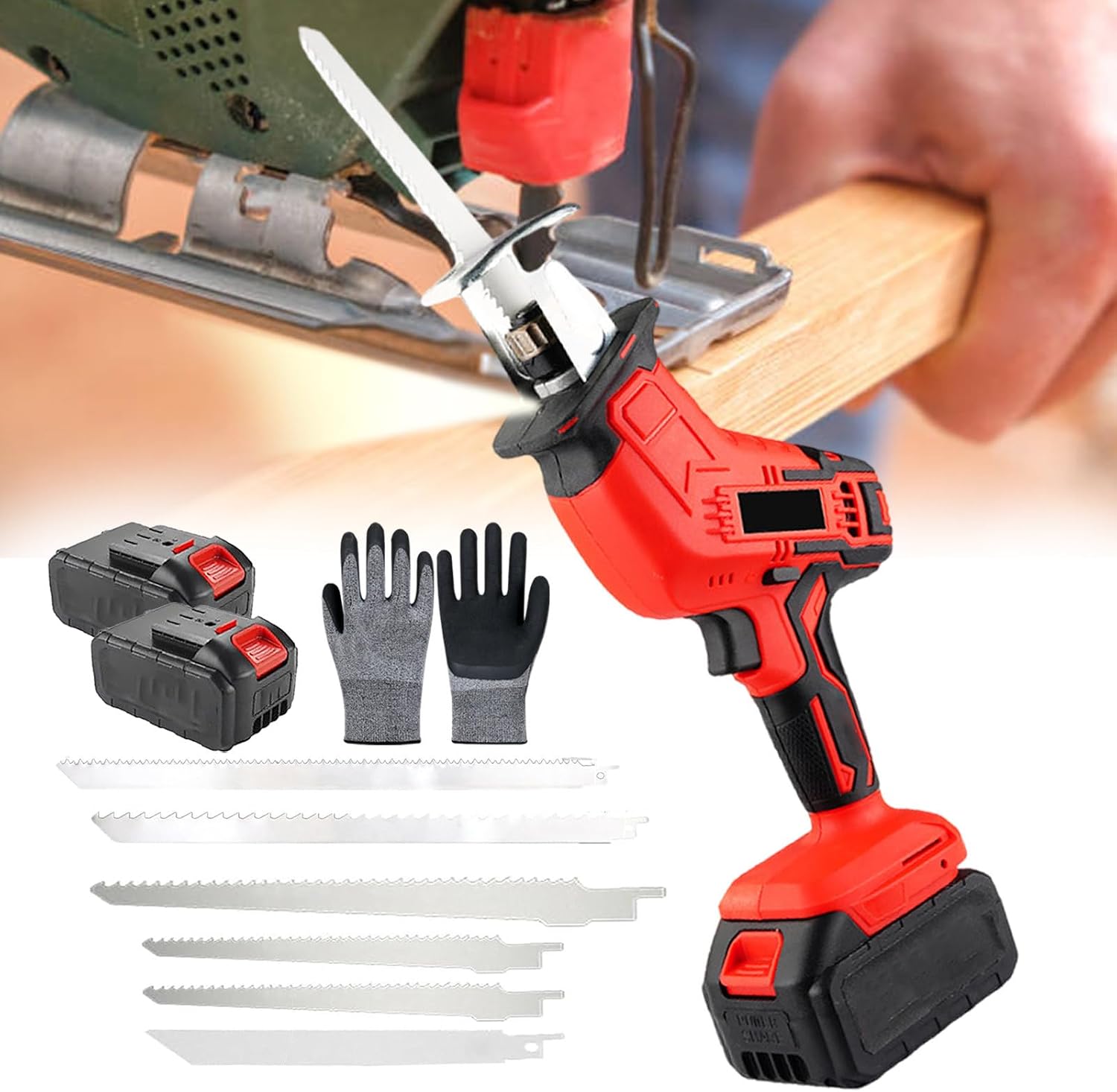 Electric Meat and Bone Saw,Cordless Reciprocating Saw,Hacksaw Handheld Cordless Tools,Led Lighting,Self Locking Chuck,with 6replaceable Saw Blades,1pairs Gloves,Branch Cutter,2batteries