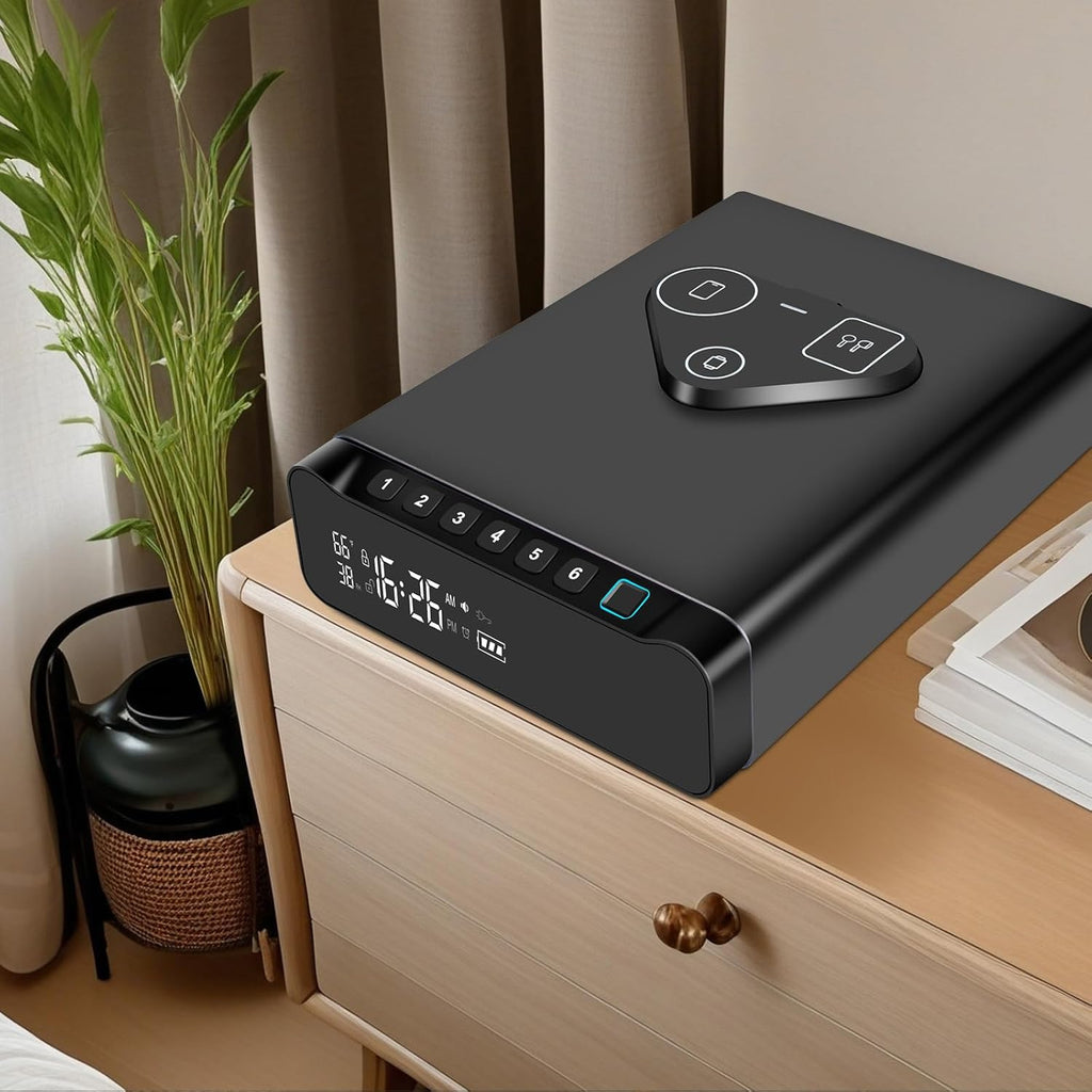 Fingerprint Biometric Gun Safe, Clock Handgun Safe with 3-in-1 Watch & Phone Wireless Charging, Drawer Lock for Hand guns, Cash, Valuables- with Humidity |Temperature| Alarm Clock| Time
