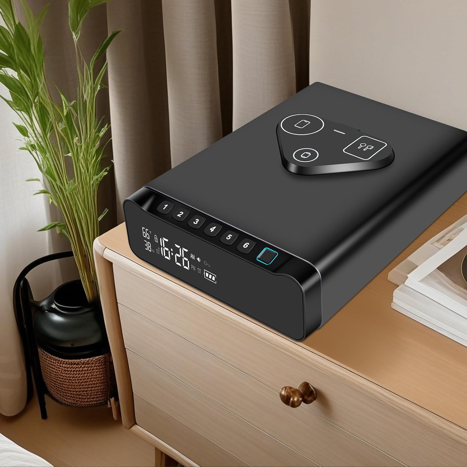 Fingerprint Biometric Gun Safe, Clock Handgun Safe with 3-in-1 Watch & Phone Wireless Charging, Drawer Lock for Hand guns, Cash, Valuables- with Humidity |Temperature| Alarm Clock| Time