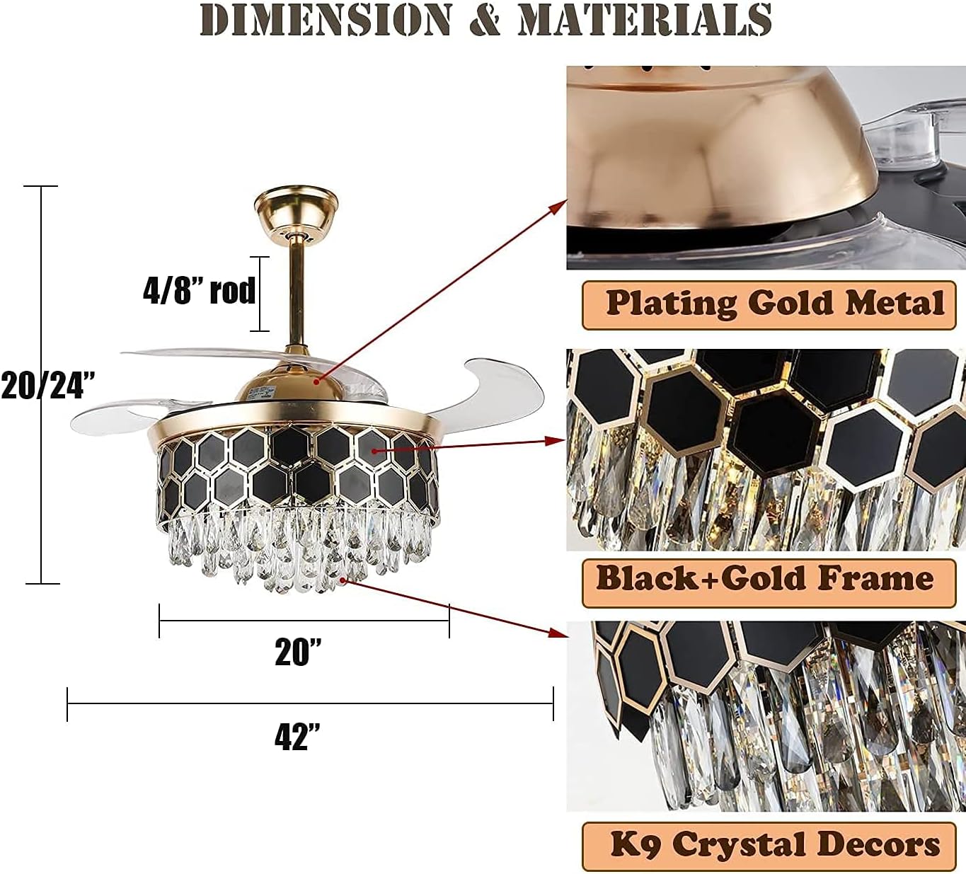 Fandelier Crystal Ceiling Fan Lights with Remote, Modern 42 Hidden Retractable Chandelier with 3 Colors 3 Speed Fan Chandelier Lighting for Bedroom Dining Living Room (Gold+Black)(DS-FH03)