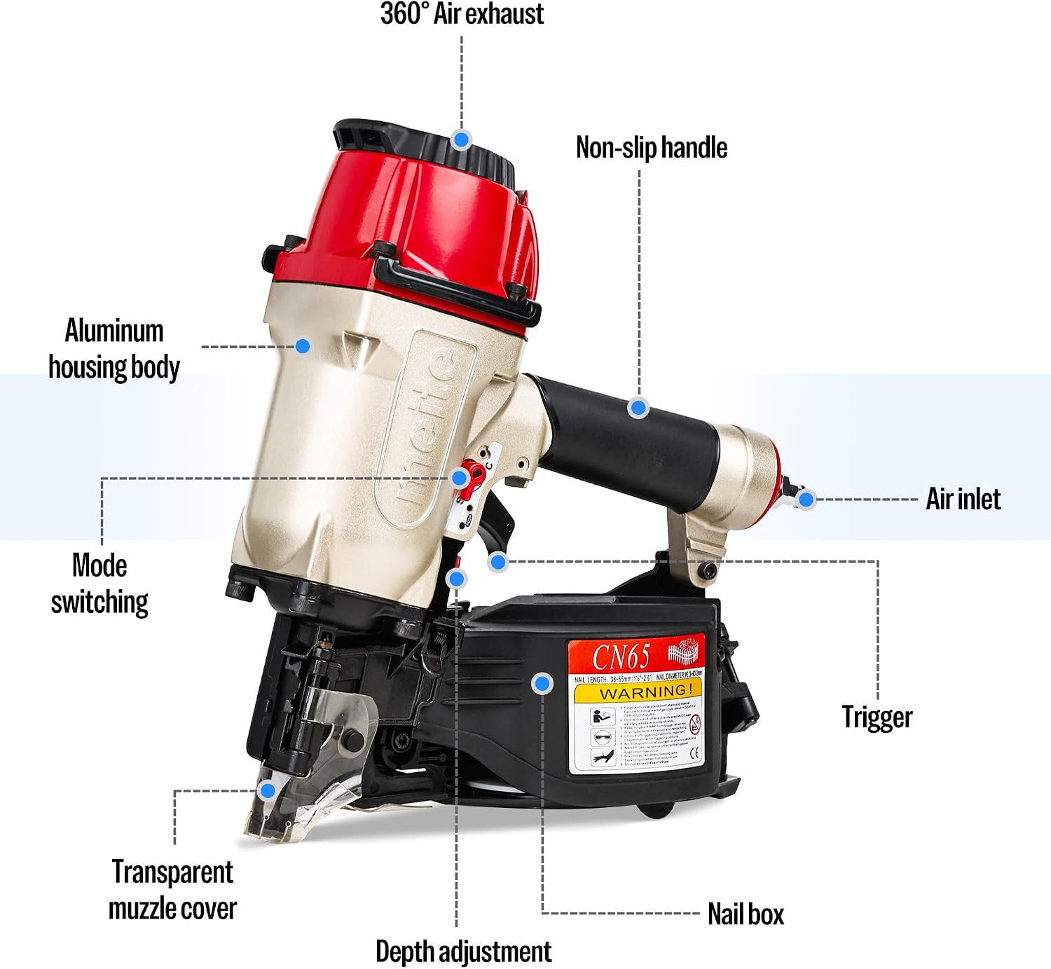 meite CN65 Pneumatic Coil Nailer with 15 Degree Siding Nails 2' × .099'' - Air Coil Nail Gun with 300PCS Magazine, 360° Adjustable Exhaust for Framing Sheathing Pallets Hardwood Projects