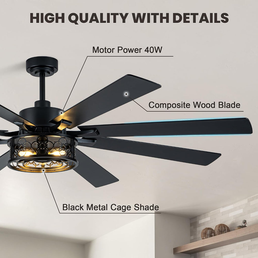 Dawn Whisper 72 Inch Farmhouse Ceiling Fans with Lights Quiet Reversible DC Motor Caged Rustic Ceiling Fans with Remote Industrial Chandelier Fan for Living room Bedroom(Black)