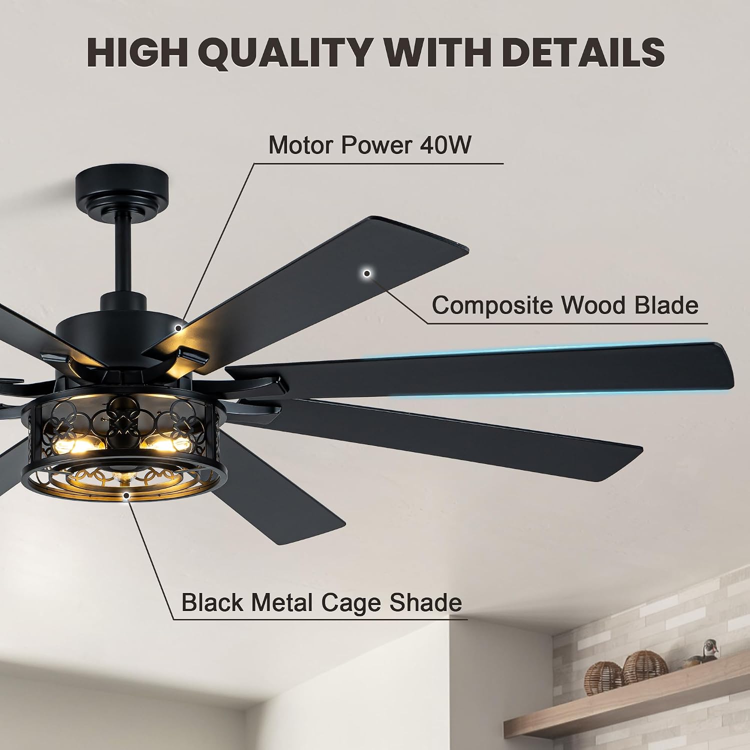 Dawn Whisper 72 Inch Farmhouse Ceiling Fans with Lights Quiet Reversible DC Motor Caged Rustic Ceiling Fans with Remote Industrial Chandelier Fan for Living room Bedroom(Black)