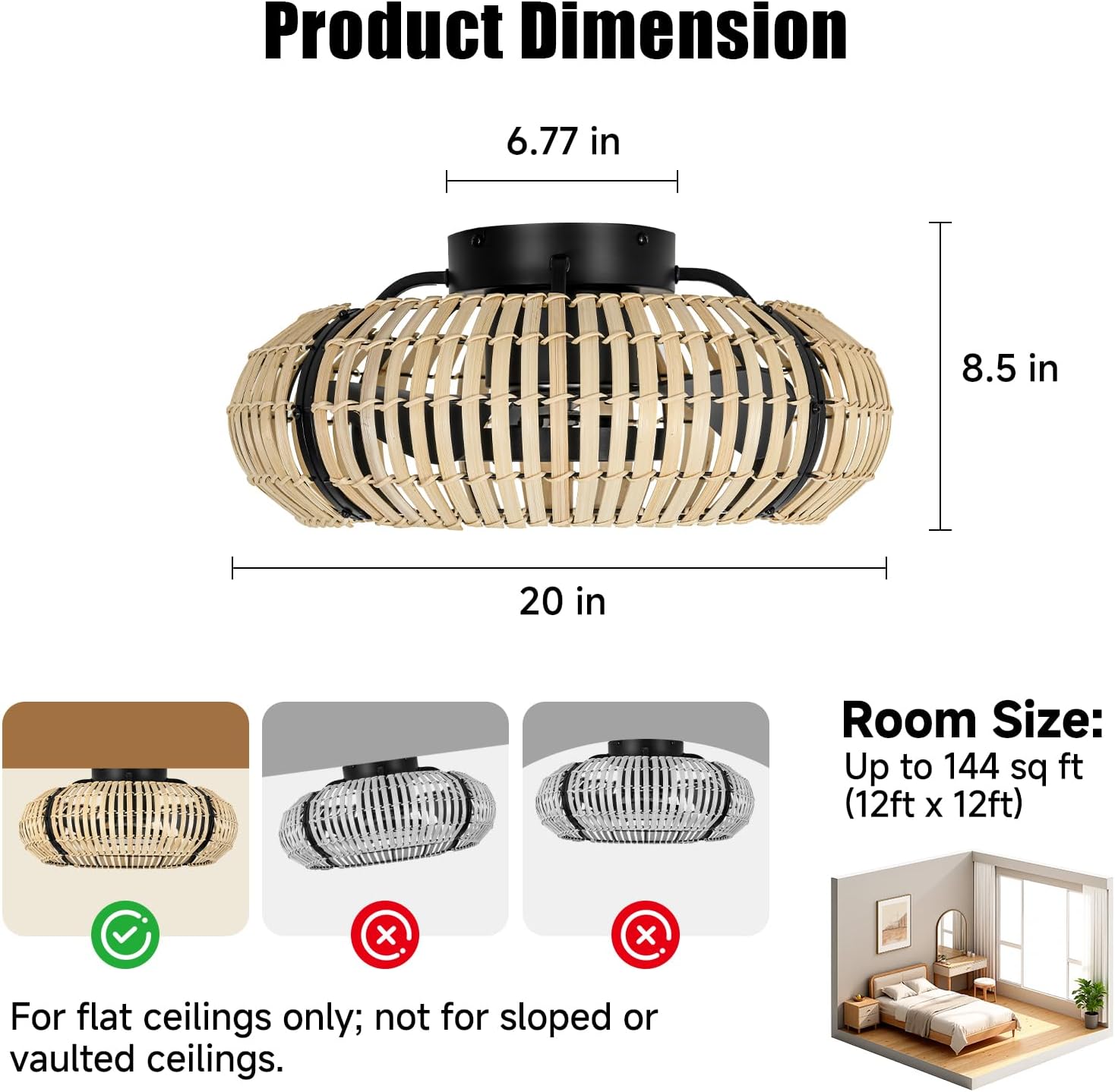ocioc 20' Fandelier Ceiling Fans with Lights and Remote,Caged Ceiling Fan with Light,Flush Mount,Low Profile,Bladeless,Quiet Reversible DC Motor,Boho Rattan Ceiling Fan for Bedroom