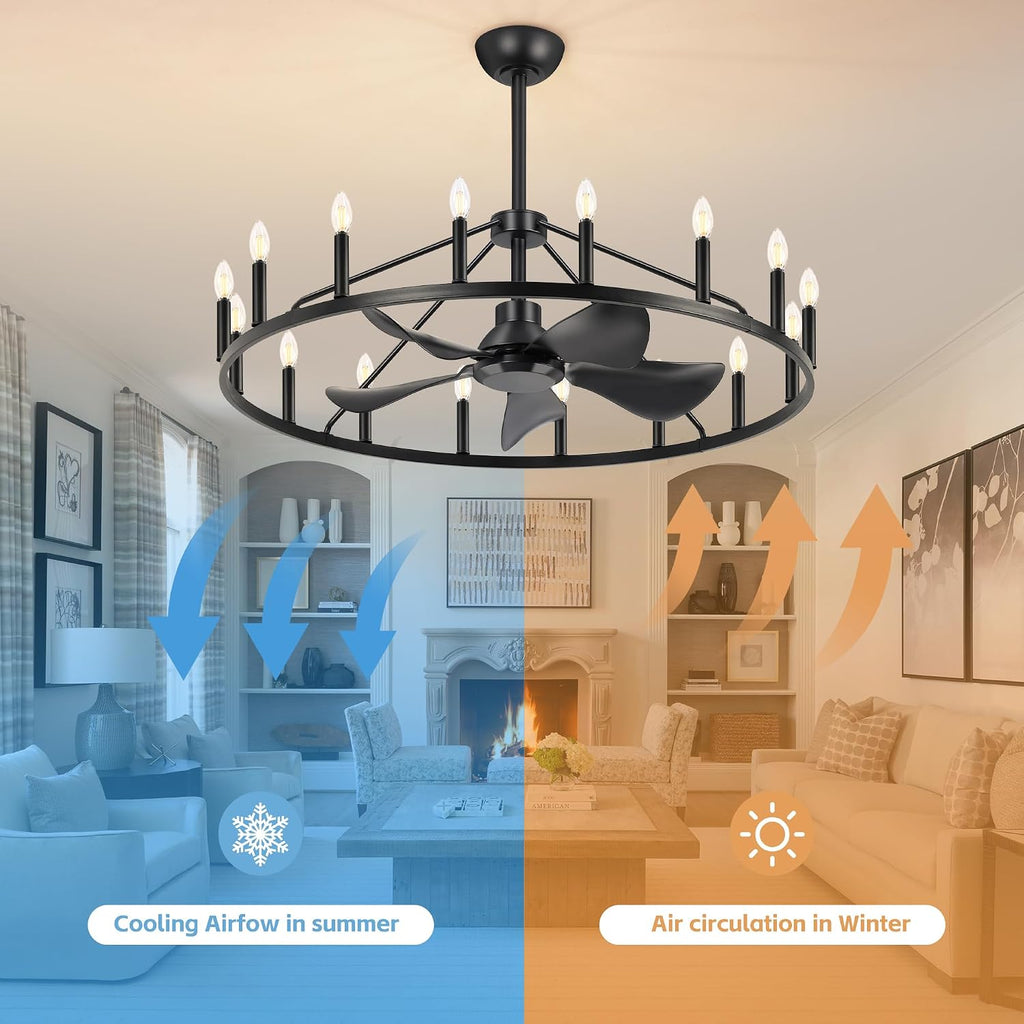 She's home 43' Black Wagon Wheel Chandelier Farmhouse Ceiling Fan with Light and Remote,16-Lights Large Fandelier with Candle,Rustic Big Light Fixture for Living Room