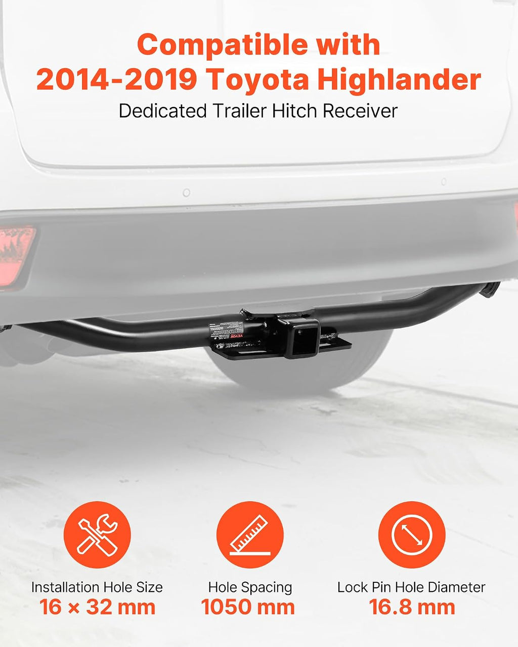 VEVOR Class 3 Trailer Hitch, 2-Inch Receiver, Compatible with 2014-2019 Toyota Highlander, Q345B Steel Tube Frame, Multi-Fit Hitch to Receive Ball Mount, Cargo Carrier, Bike Rack, and Tow Hook, Black