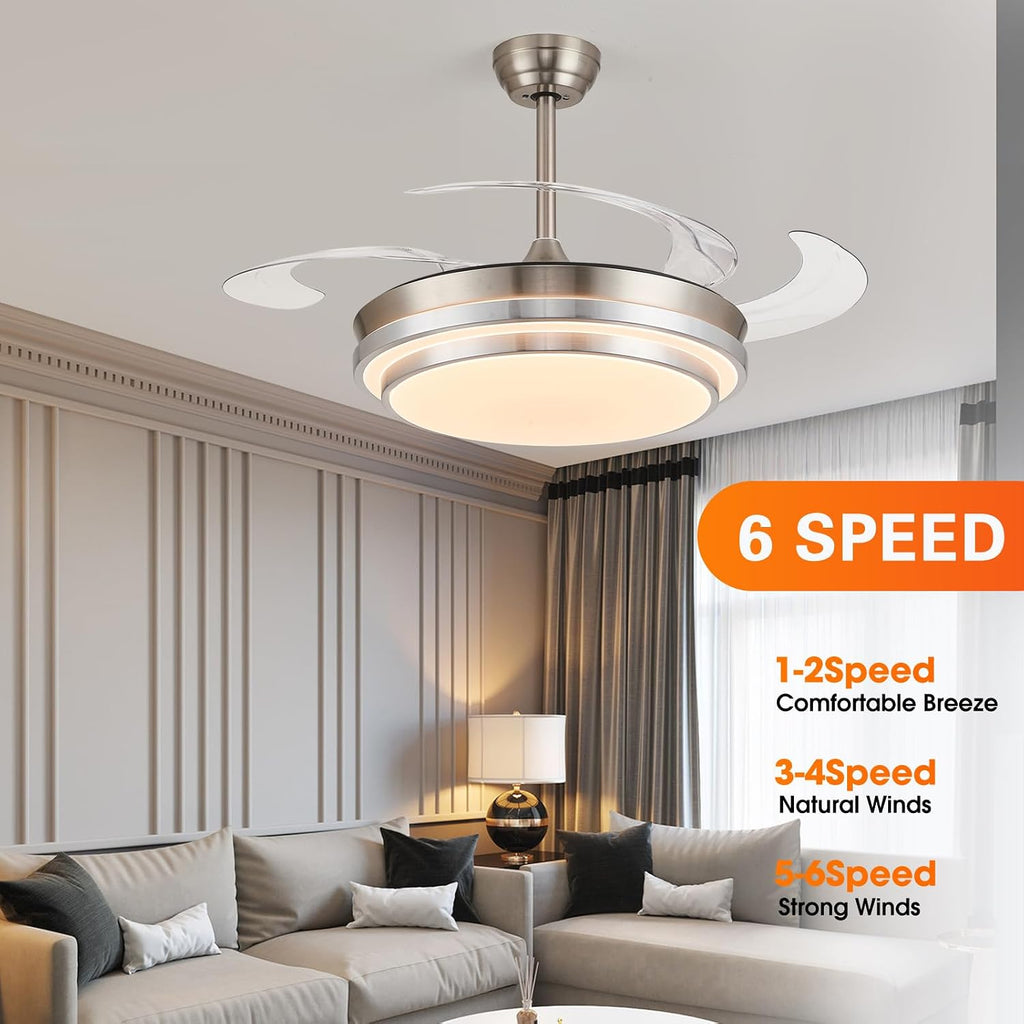 48 Inch Retractable Ceiling Fans with Lights, Modern Fandelier Ceiling Fan with Remote and App Control, 3 Color Dimmable, 6 Speeds Reversible, for Bedroom/Living Room/Office (Brushed Nickel)