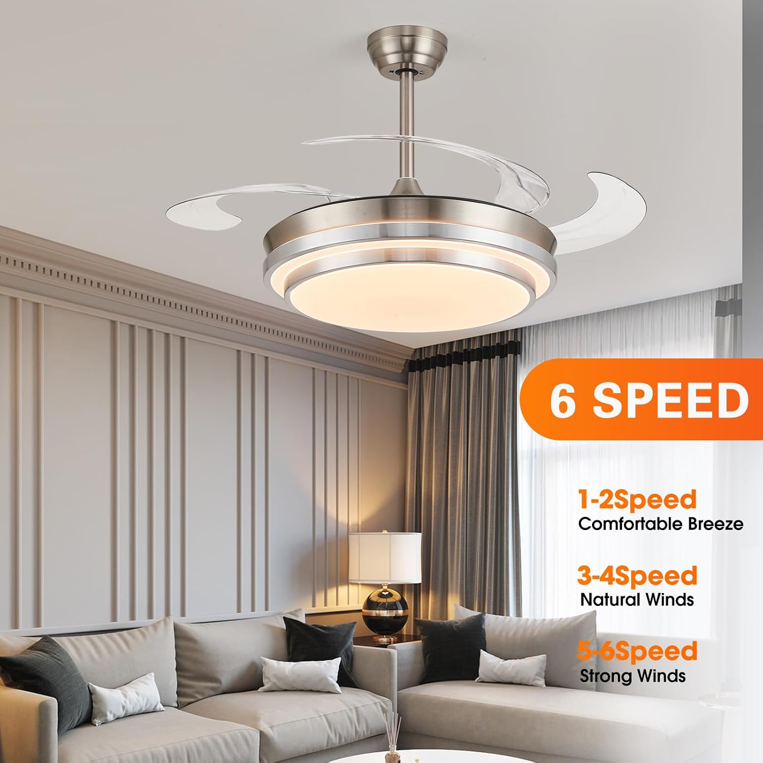 48 Inch Retractable Ceiling Fans with Lights, Modern Fandelier Ceiling Fan with Remote and App Control, 3 Color Dimmable, 6 Speeds Reversible, for Bedroom/Living Room/Office (Brushed Nickel)