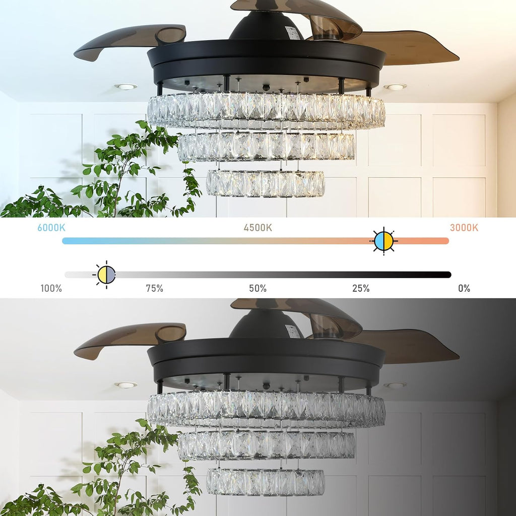 42' Black Fandeliers with Lights Dimmable LED Crystal Ceiling Fan Individual 3 LED Color Change with Timi Memory Function