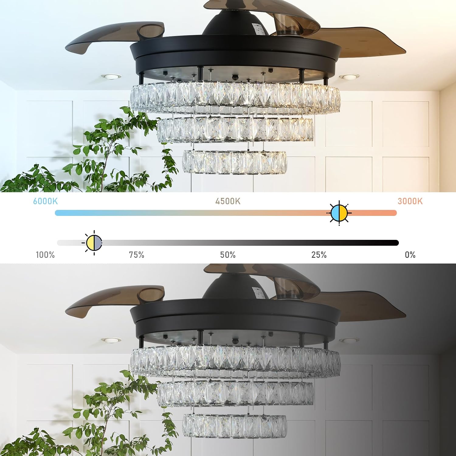 42' Black Fandeliers with Lights Dimmable LED Crystal Ceiling Fan Individual 3 LED Color Change with Timi Memory Function