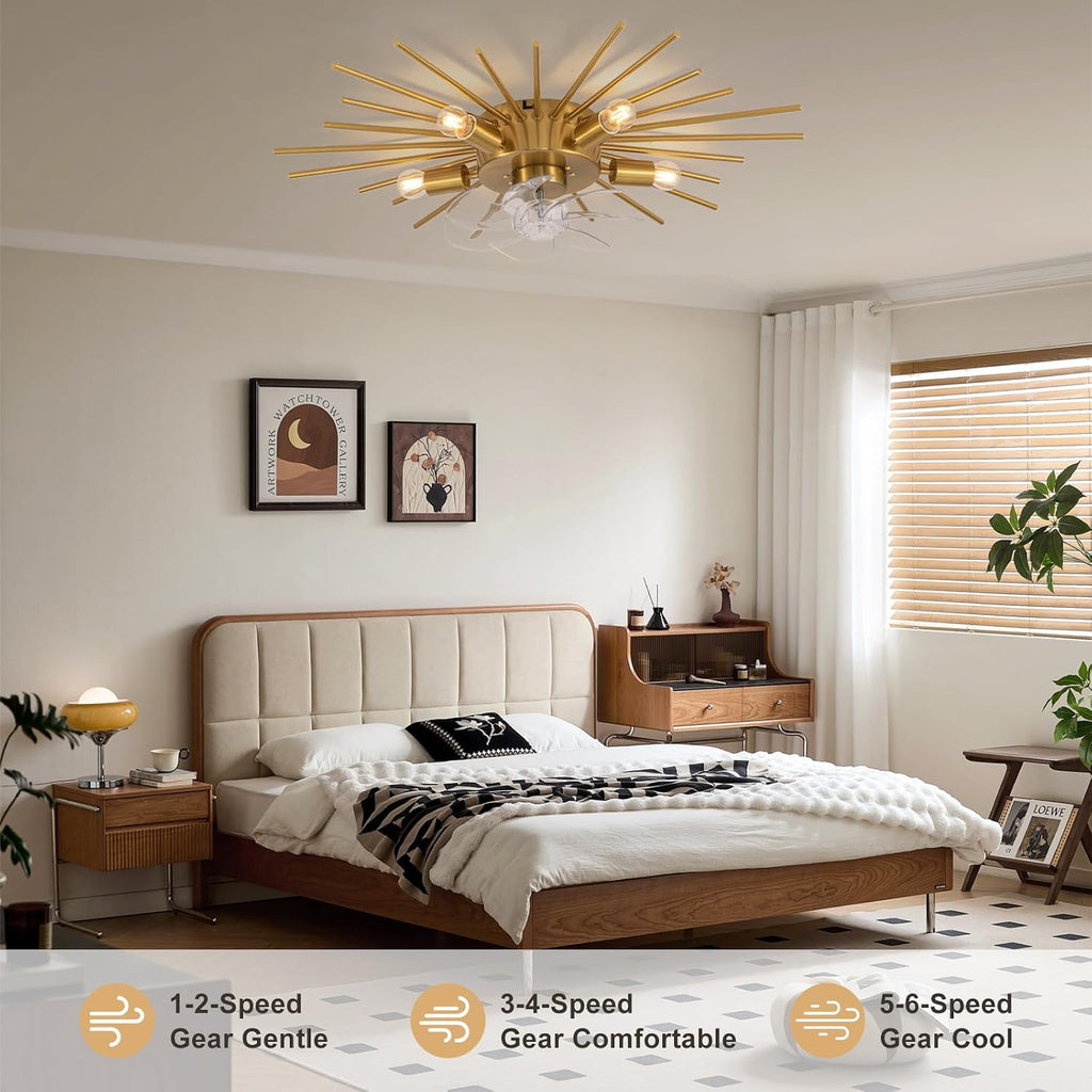 30' Low Profile Flush Mount 5 Light Ceiling Fans with Lights and Remote, Modern Metal Fandelier Ceiling Fan with Light, Farmhouse Gold Ceiling Fan for Bedroom,Living Room,Foyer (6 Speeds,Timing)