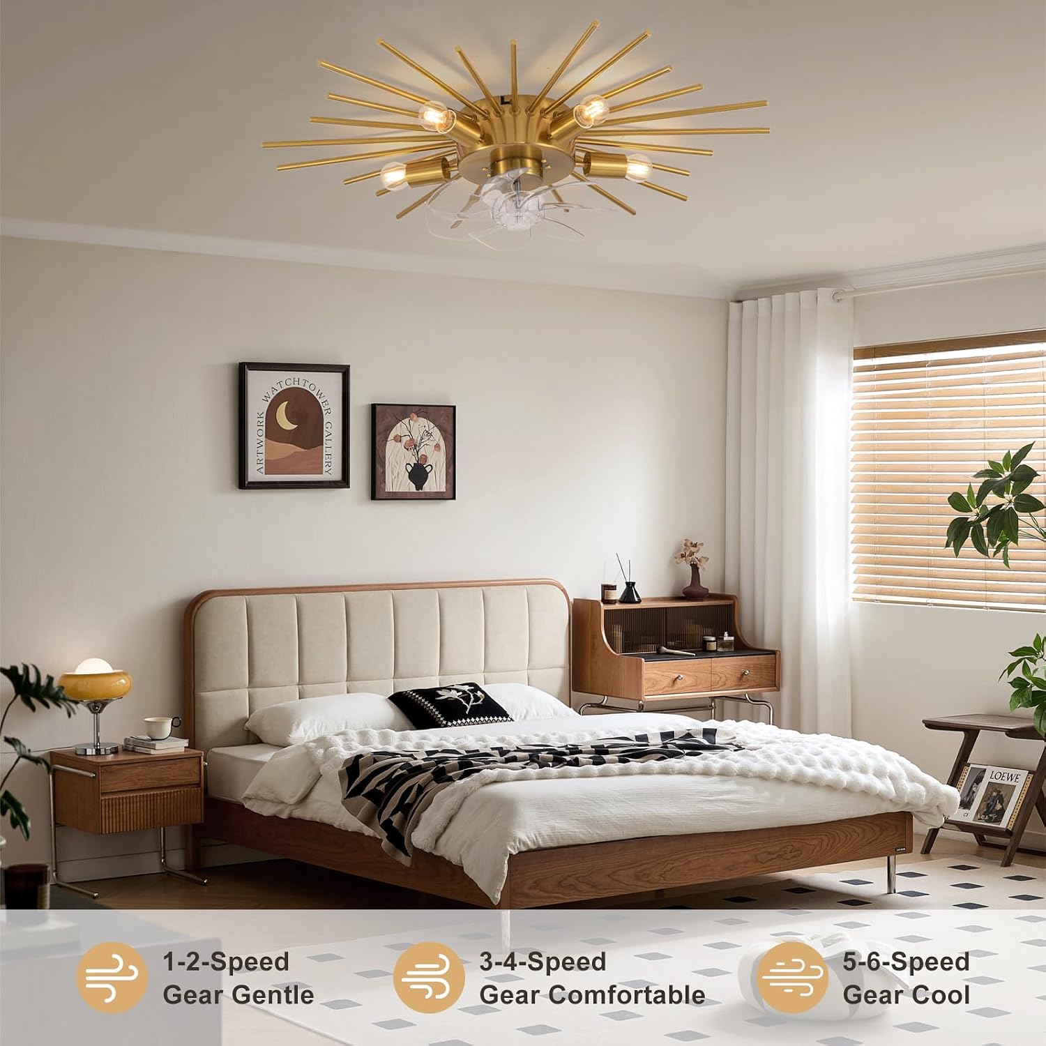 30' Low Profile Flush Mount 5 Light Ceiling Fans with Lights and Remote, Modern Metal Fandelier Ceiling Fan with Light, Farmhouse Gold Ceiling Fan for Bedroom,Living Room,Foyer (6 Speeds,Timing)