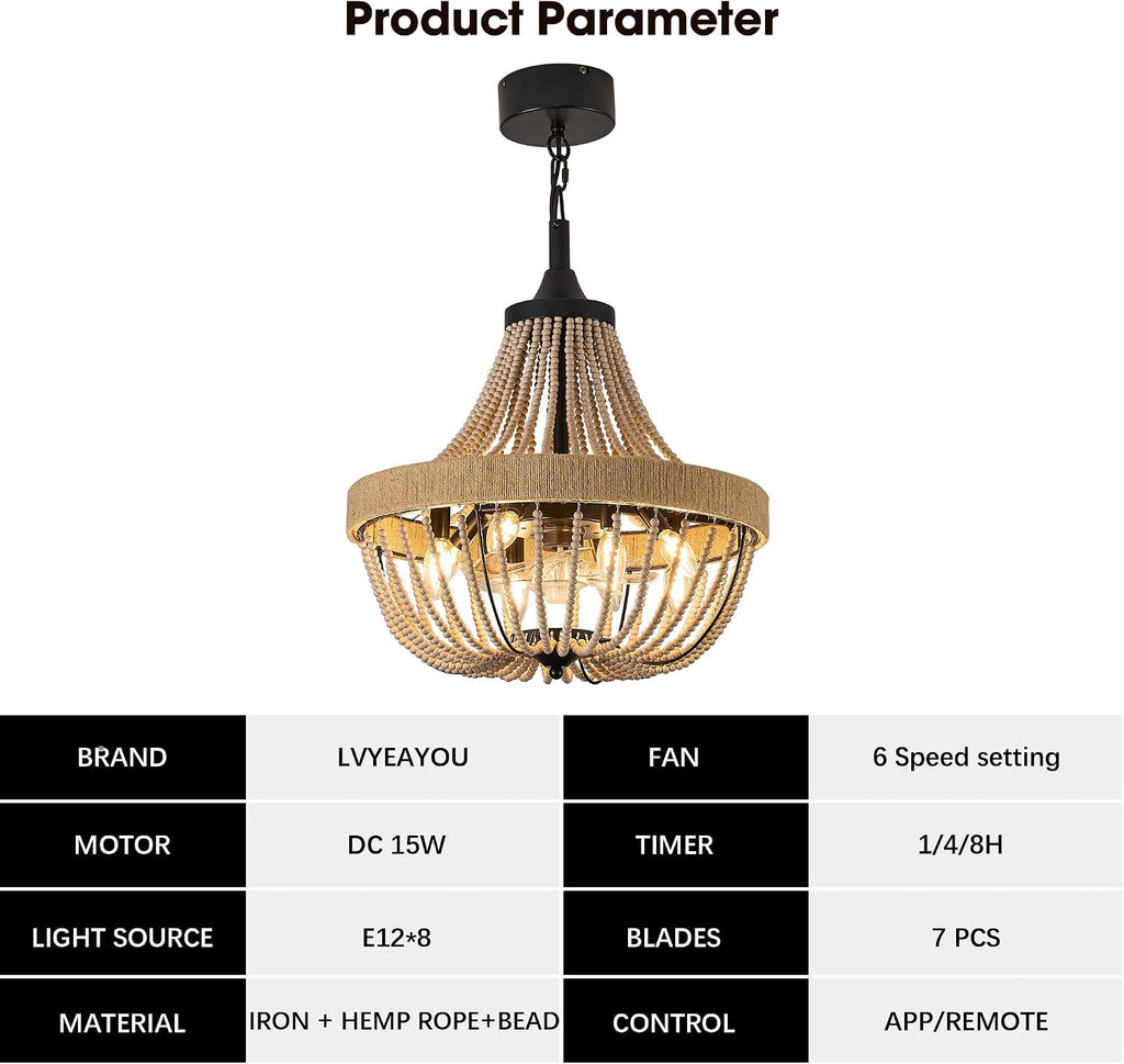 20 inch Boho Beaded Chandelier with Ceiling Fan, Remote & App Control, Reversible DC Motor, Black Farmhouse Rattan Fandelier for Dining Room, Bedroom, Kitchen