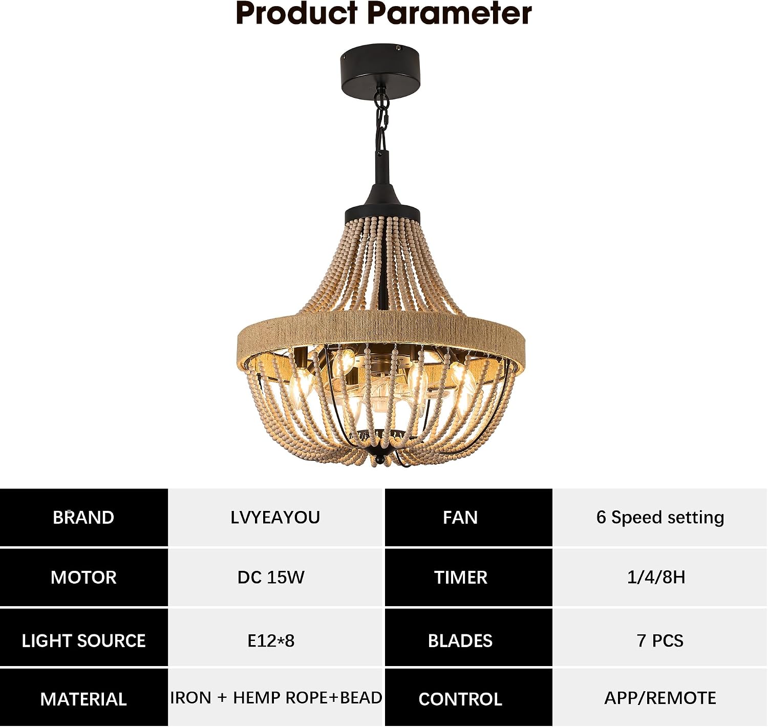 20 inch Boho Beaded Chandelier with Ceiling Fan, Remote & App Control, Reversible DC Motor, Black Farmhouse Rattan Fandelier for Dining Room, Bedroom, Kitchen