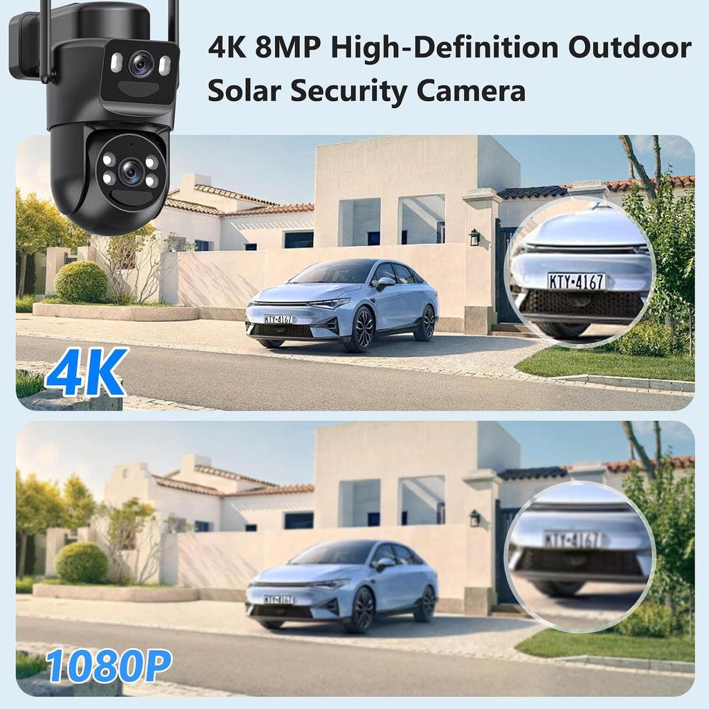 4K Solar Security Cameras Wireless Outdoor Battery Powered, 2.4GHz Dual Lens Bullet & 360°PTZ Linkage Outdoor Security Camera with Solar Panel, 8X Digital Zoom, Color Night Vision (2 Pack)