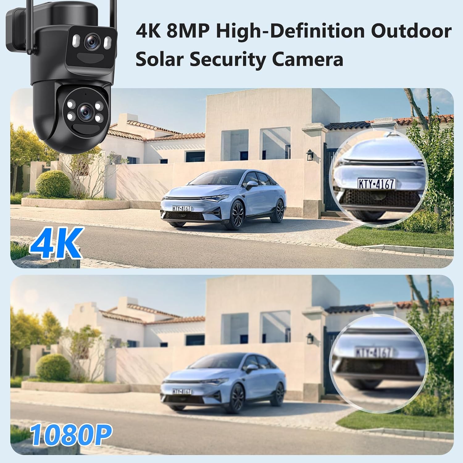 4K Solar Security Cameras Wireless Outdoor Battery Powered, 2.4GHz Dual Lens Bullet & 360°PTZ Linkage Outdoor Security Camera with Solar Panel, 8X Digital Zoom, Color Night Vision (2 Pack)