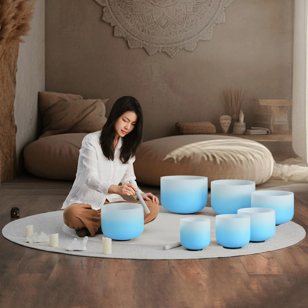 CVNC 432HZ 6-12 Inch Azure Blue Color Aria Gradient Design Frosted Quartz Crystal Singing Bowls Chakra Set of 7 with Carry Case Bags for Sound Healing and Meditation
