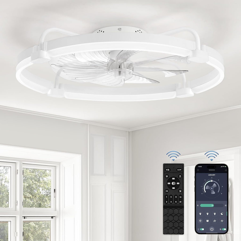 LEDIARY 20 Inch and 24 Inch Ceiling Fans with Lights and Remote, 3000-6000K Dimmable Modern Flush Mount LED Fan Light, 6 Wind Speeds, White Fandelier Ceiling Fans for Bedroom