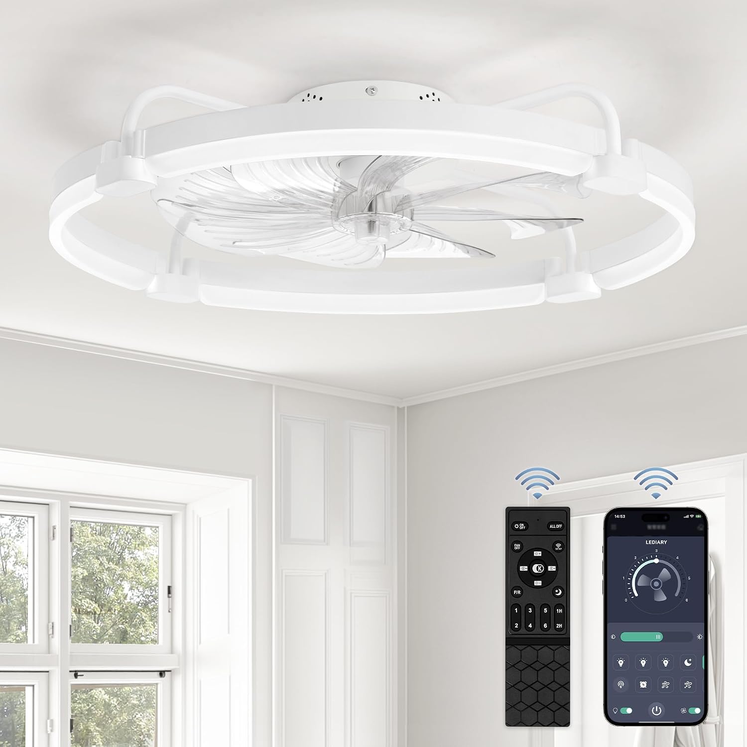 LEDIARY 20 Inch and 24 Inch Ceiling Fans with Lights and Remote, 3000-6000K Dimmable Modern Flush Mount LED Fan Light, 6 Wind Speeds, White Fandelier Ceiling Fans for Bedroom