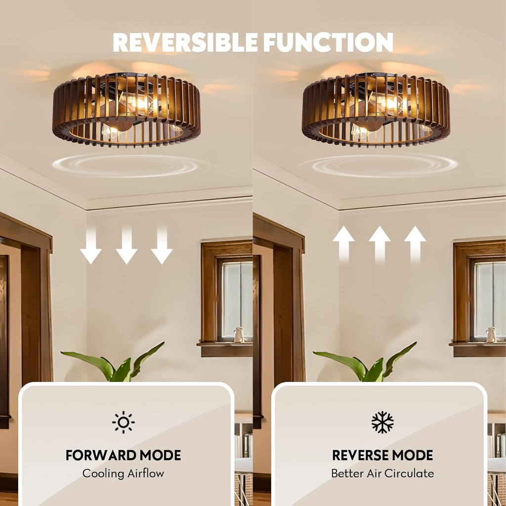 Farmhouse Caged Ceiling Fan with Light, 20' Wooden Flush Mount Ceiling Fan and Remote, 6-Speed Quiet Reversible DC Motor, Timer, Low Profile Enclosed Fandelier for Bedroom, Kitchen, Living Room