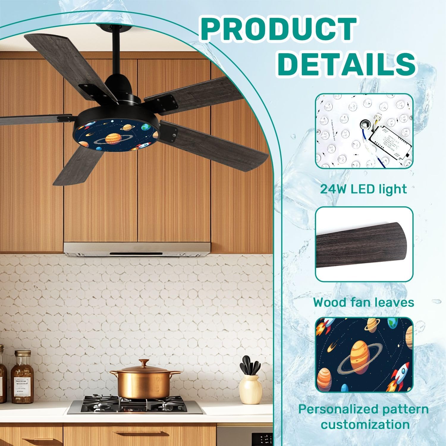 Modern Ceiling Fans with Lights Remote, Space theme Solar system kids cartoon planet seamless Rocket planets 42 Inch Ceiling Fan for Bedroom Living Room Farmhouse, 6 Speed Reversible Quiet Motor