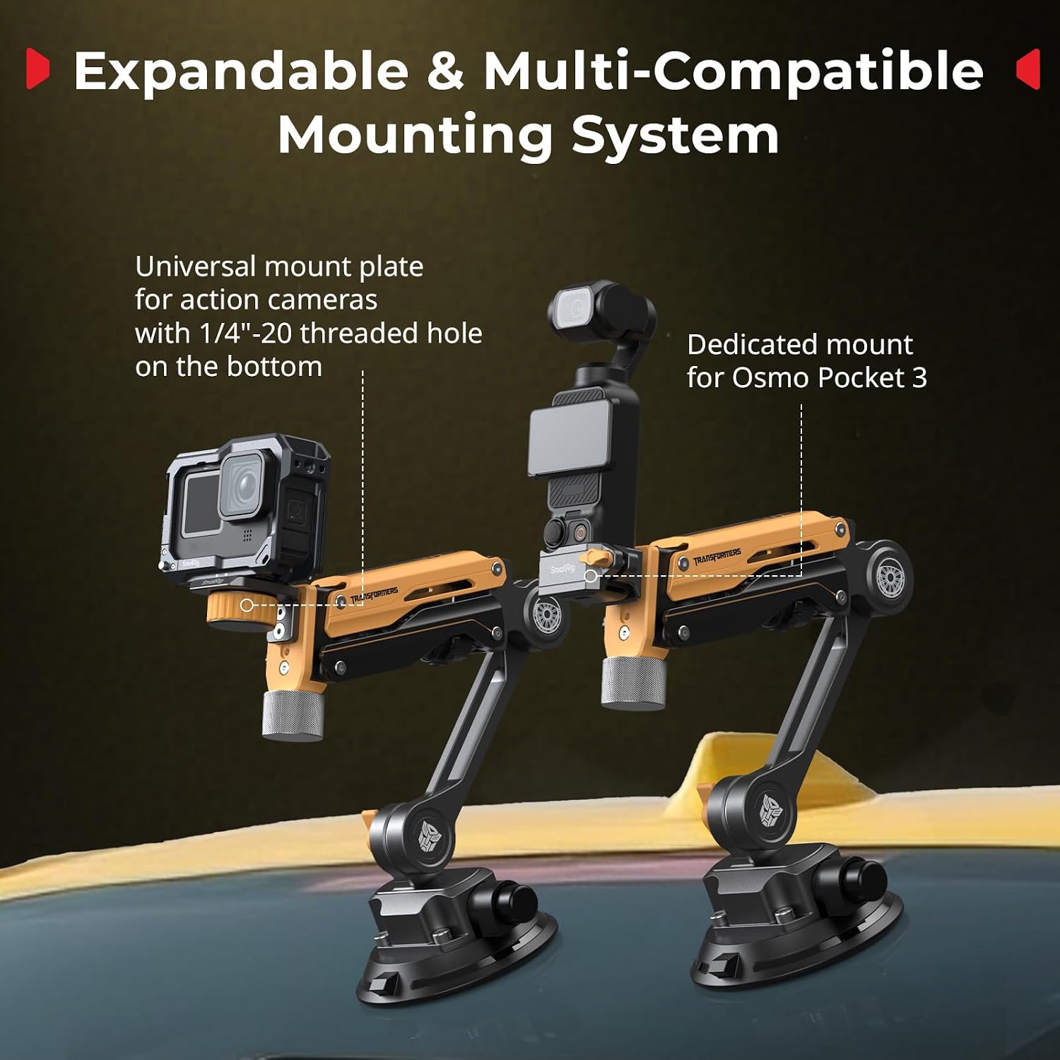 SMALLRIG Mini Shock Absorber Arm, 4' Vacuum Suction Cup, Double Spring and Hydraulic Damping, Car Mount for DJI Action 6/5 Pro/Pocket 3, for GoPro Hero 13/12, for Insta360 X5/4(Bumblebee Edition)-5528