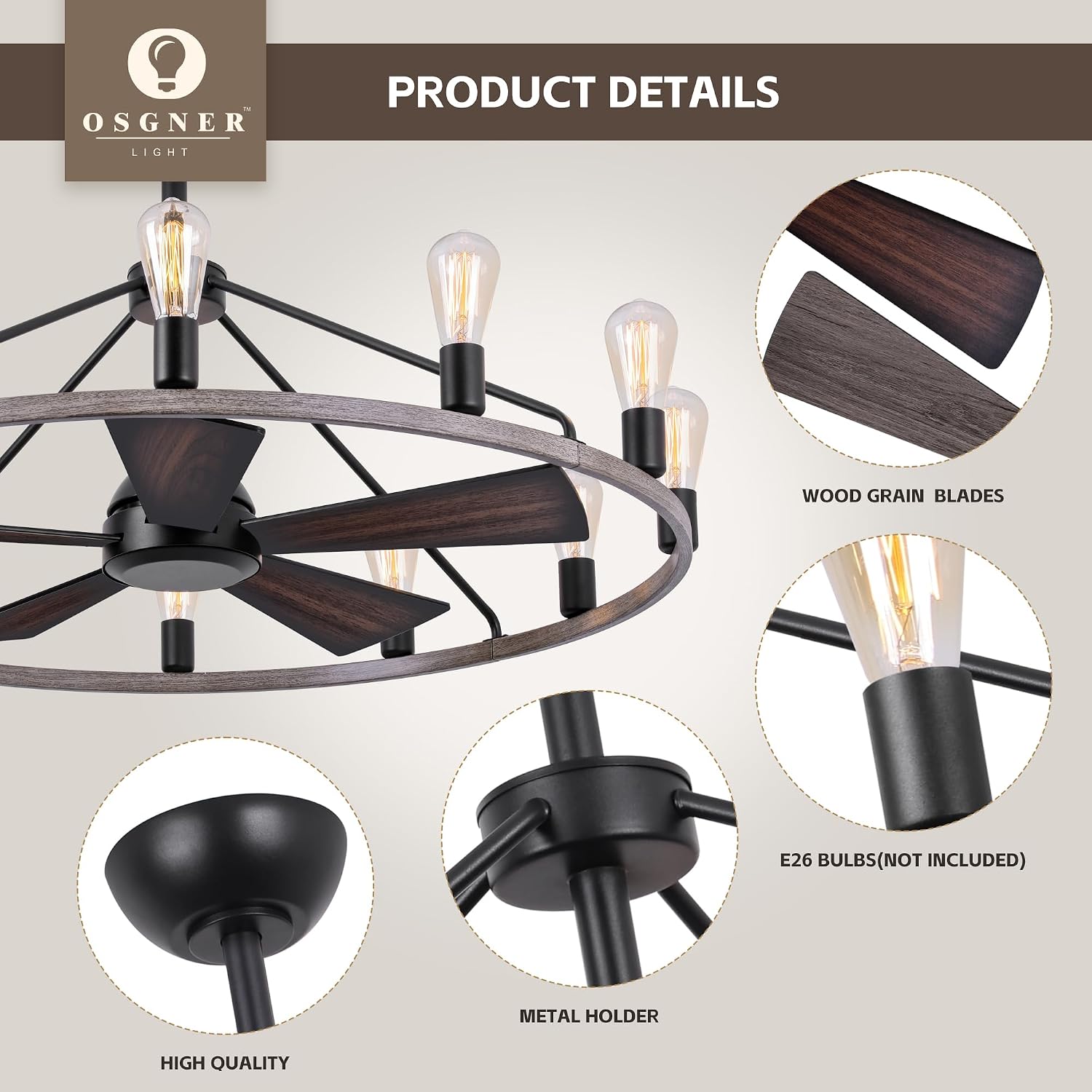 44'' Ceiling Fan with Light, Wood Wagon Wheel Chandelier, Large Farmhouse Fandelier Light Fixture, Chandelier for Living Room, Dining Room, Adjustable High Ceilings