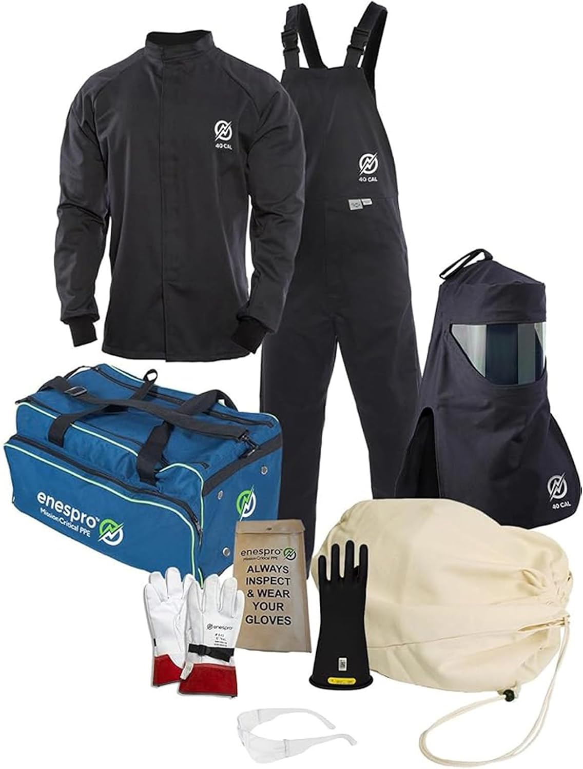 Enespro 40 Cal Arc Flash PPE Kit, CAT 4 Safe- with Arc Flash Face Shield, FR Overalls, Bib & Jacket for Workers