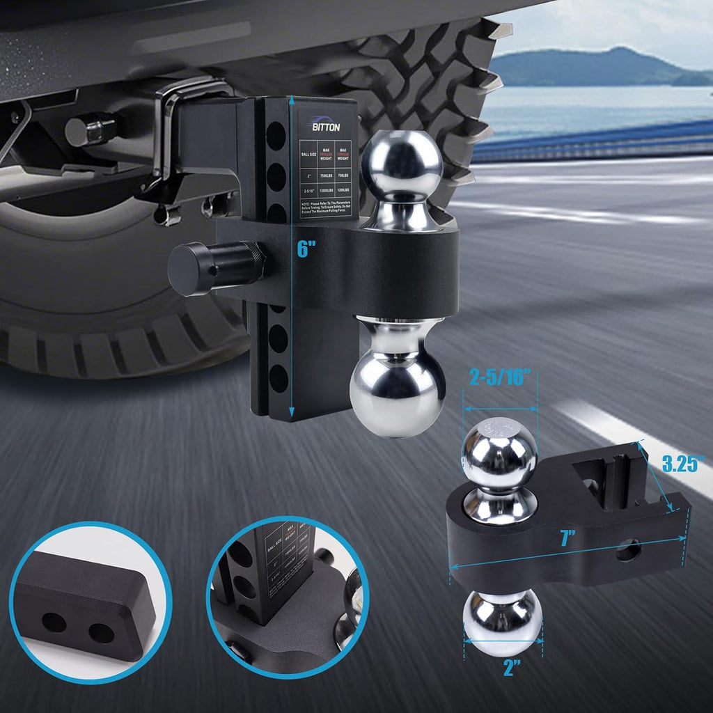 Adjustable Trailer Hitch Ball Mount Hitch, 6' Drop Lift Ball Hitch for 2 and 2.5 Inch Receiver, 12000 LBS Heavy Duty Aluminum Alloy Dual Towing Ball (2' x 2-5/16') with Anti-Theft Locking Pin Hitch