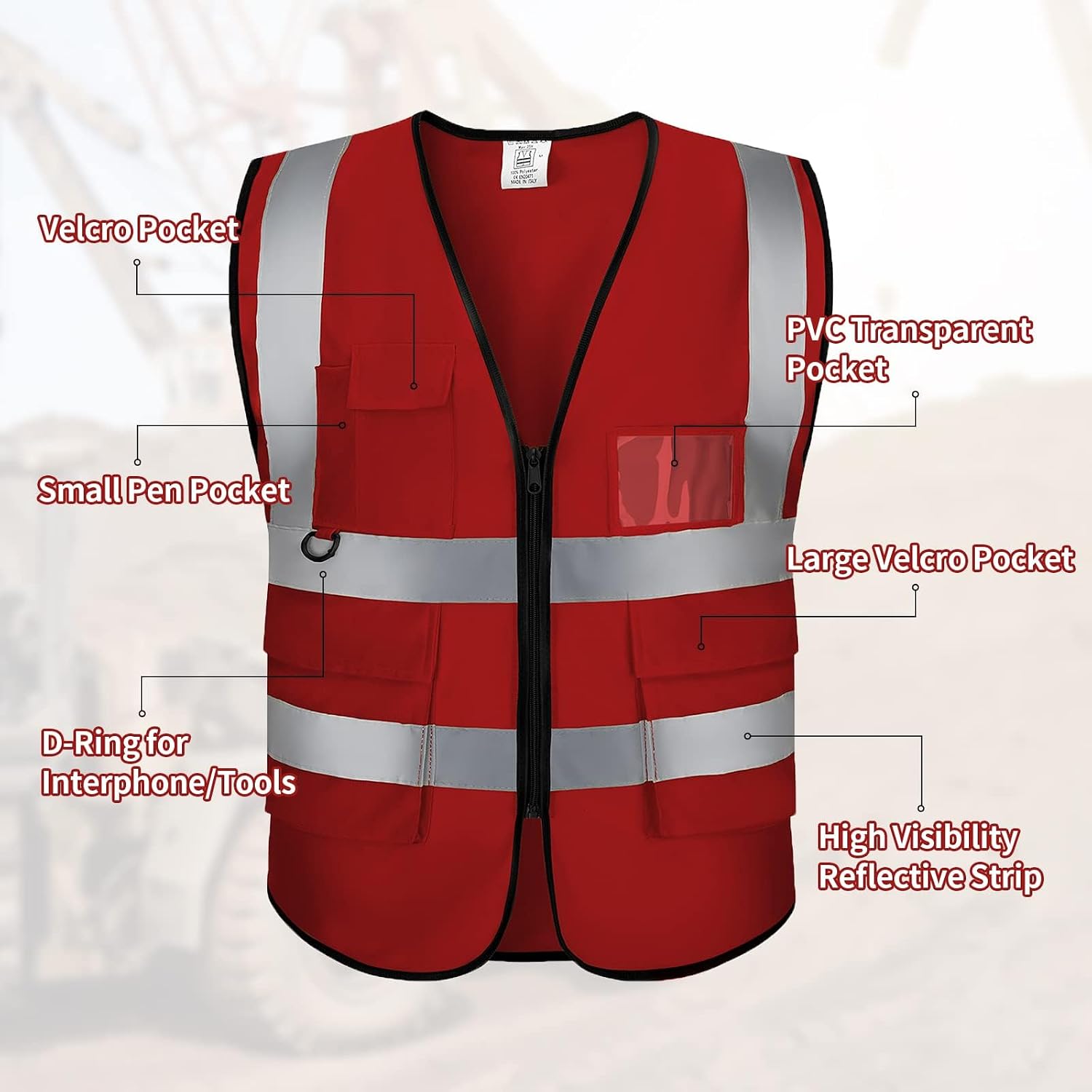Custom Logo Safety Vest High Visibility Reflective Vest Class 2 Standard with Pockets and Zipper