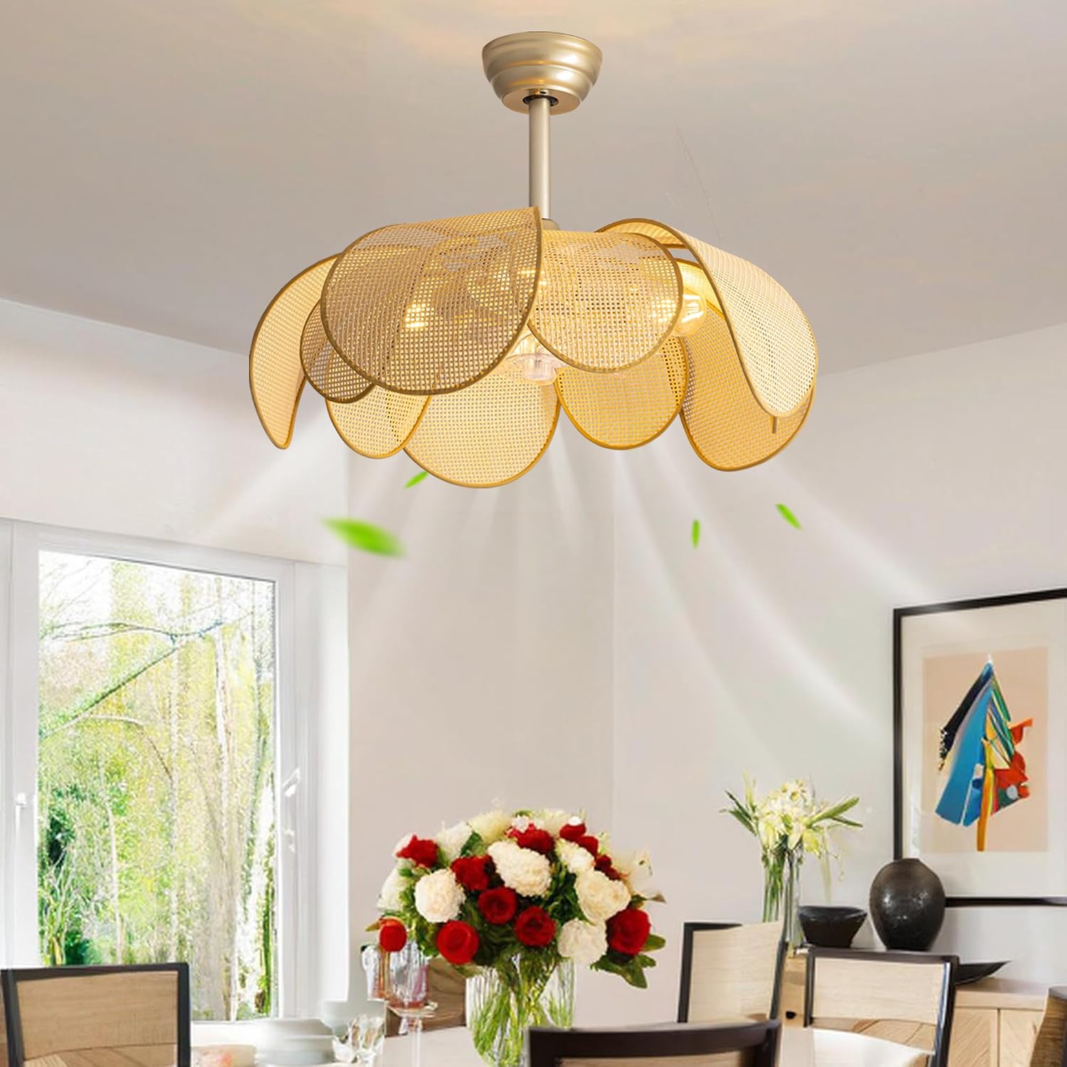Ceiling Fans with Lights, Fandelier Chandelier Ceiling Fan and Remote,Boho,Flush Mount,Low Profile,for Bedroom,Living Room,Gold