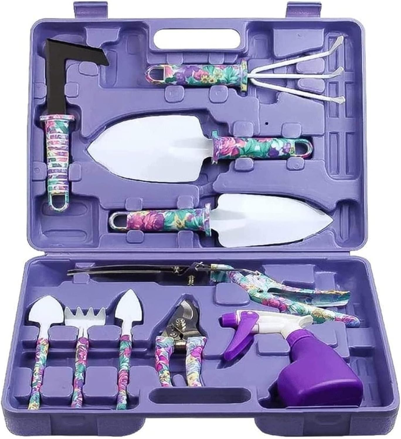 Garden Tools Set, 10 Pieces Gardening Tools with Purple Floral Print,Garden Hand Tools with Carrying Case Gardening Gifts for Women -Gift for Women and Men