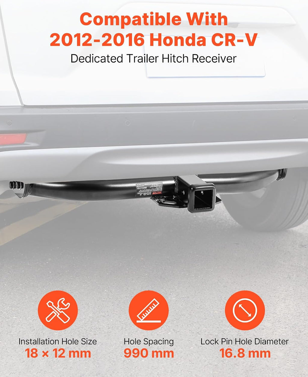 VEVOR Class 3 Trailer Hitch, 2-Inch Receiver, 6000 lbs, Q345B Steel Tube Frame, Compatible with 2012-2016 Honda CR-V, Multi-Fit Hitch to Receive Ball Mount, Cargo Carrier, Bike Rack, Tow Hook, Black